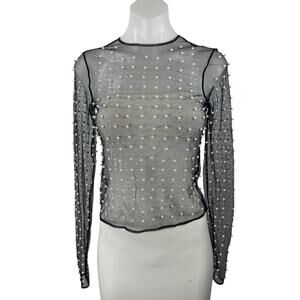 Women's Black Mesh Sheer Pearl Beaded Embellished Long Sleeve Crop Top Size S